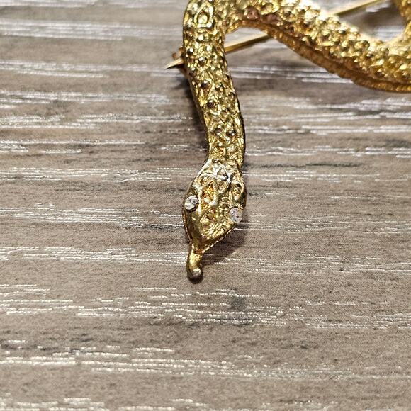 Vintage Gold Slithering Snake Brooch with Rhinestone Eyes - Picture 2 of 5